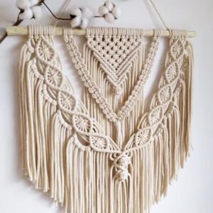 Makrama ścienna duża 60x80 cm piaskowa na kijku leszczynowym | Handmade boho